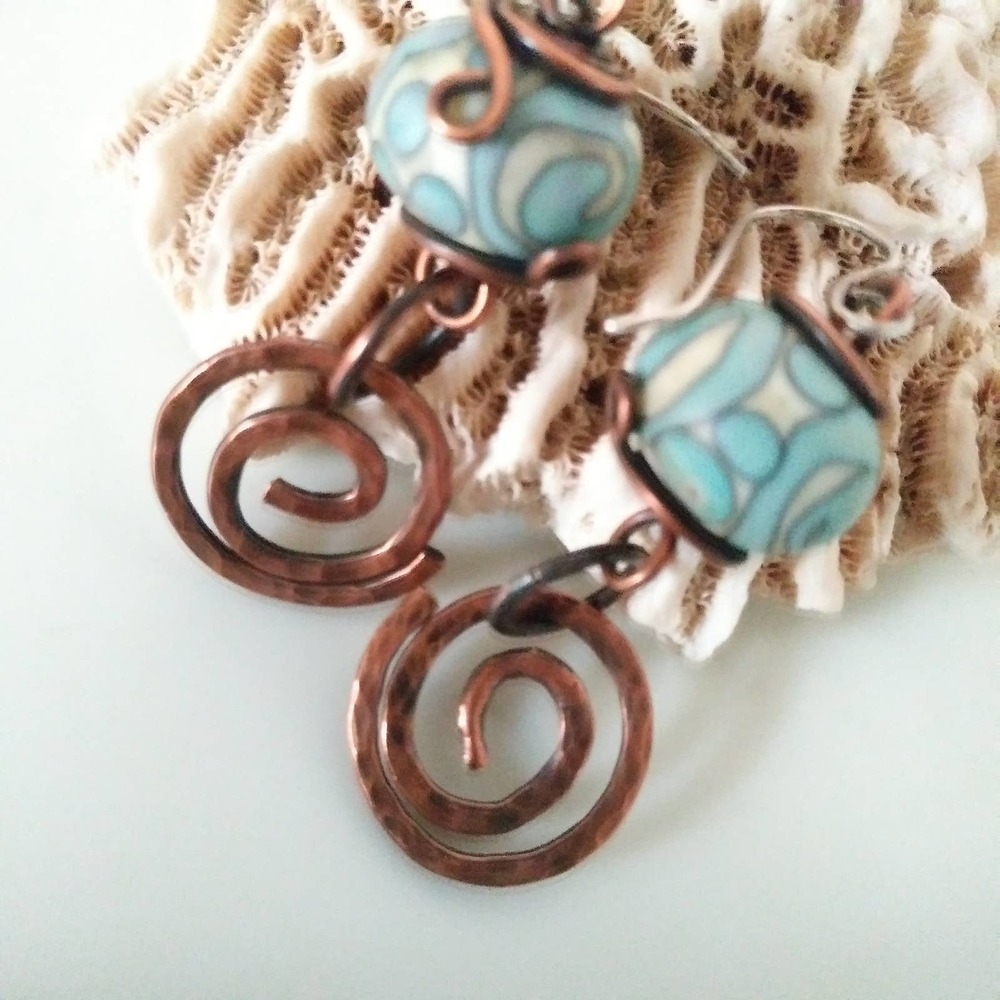 Handmade Lampwork Glass Beads n Recycled Copper Earrings Turquoise Spirals